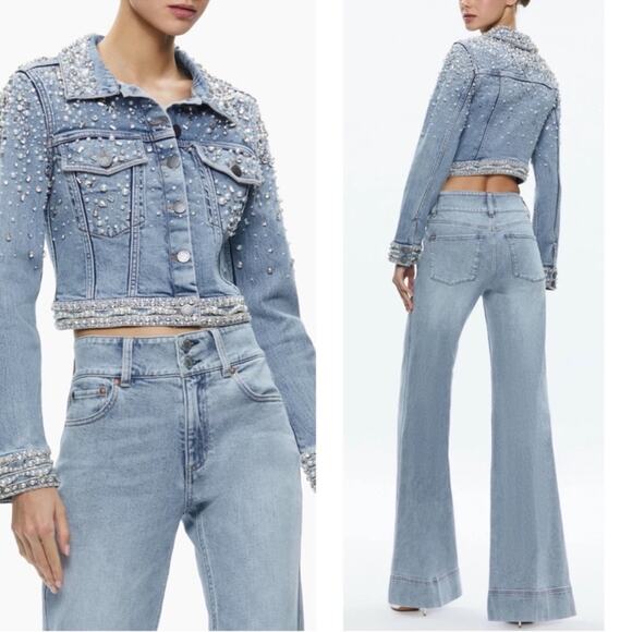 ALICE + OLIVIA Nelson Crystal Pearl Embellished Rockstar Blue Denim Jacket Sz XS - Picture 2 of 9
